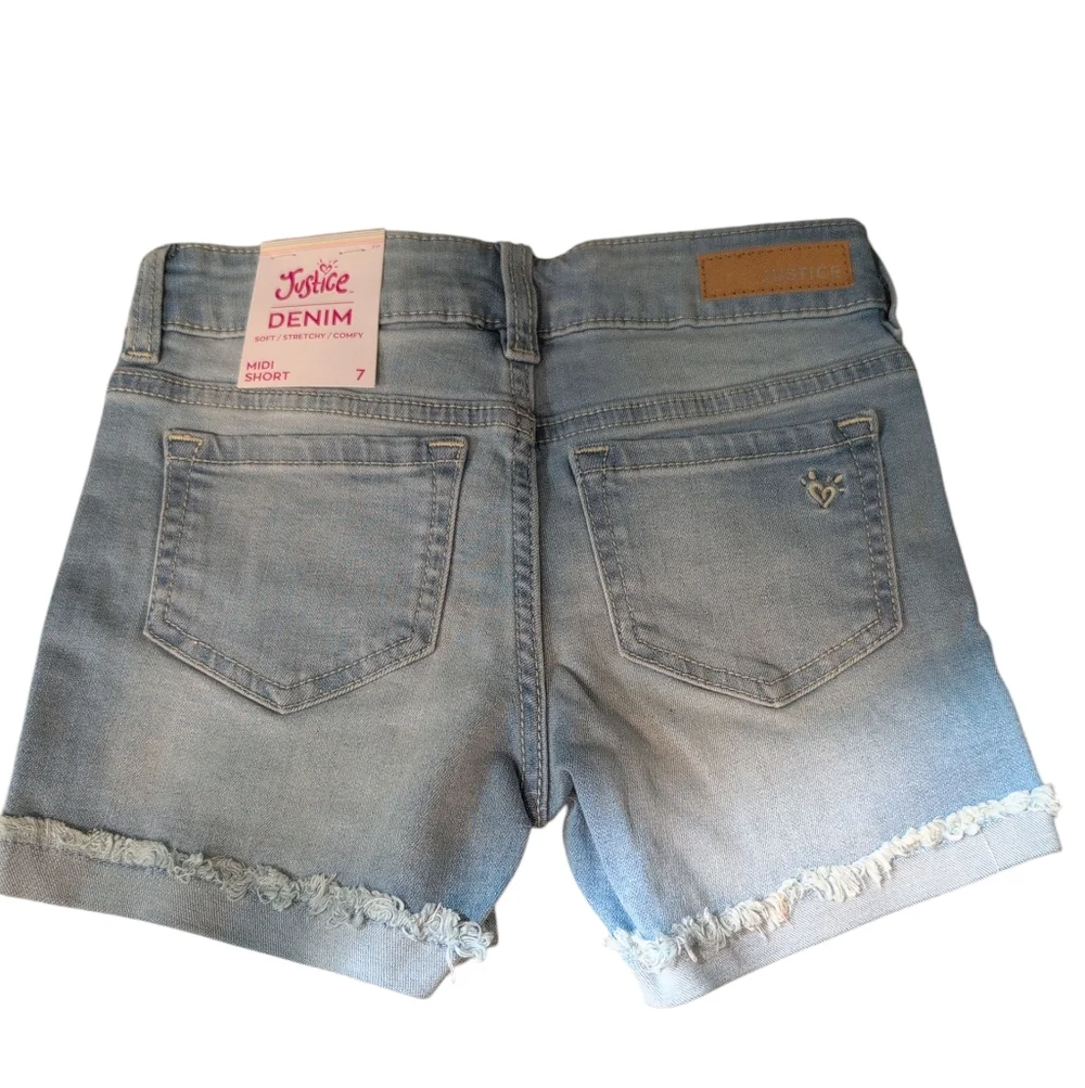 Nwt Justice Midi Denim Short Light Wash Frayed Soft Stretchy Comfy Girl Kids 7 - Picture 2 of 6